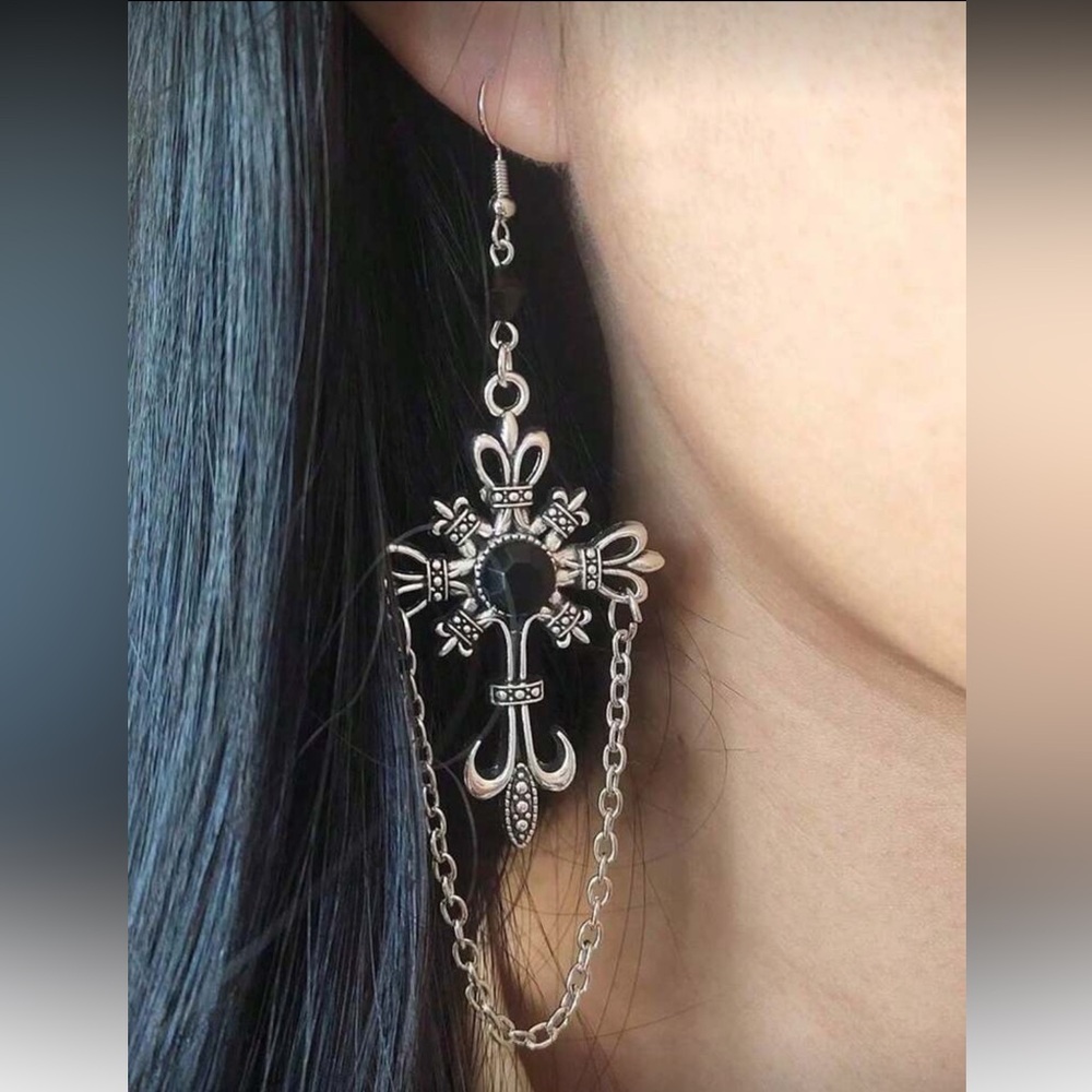 Elegant Silver and Black Cross Dangle Earrings - Picture 2 of 4